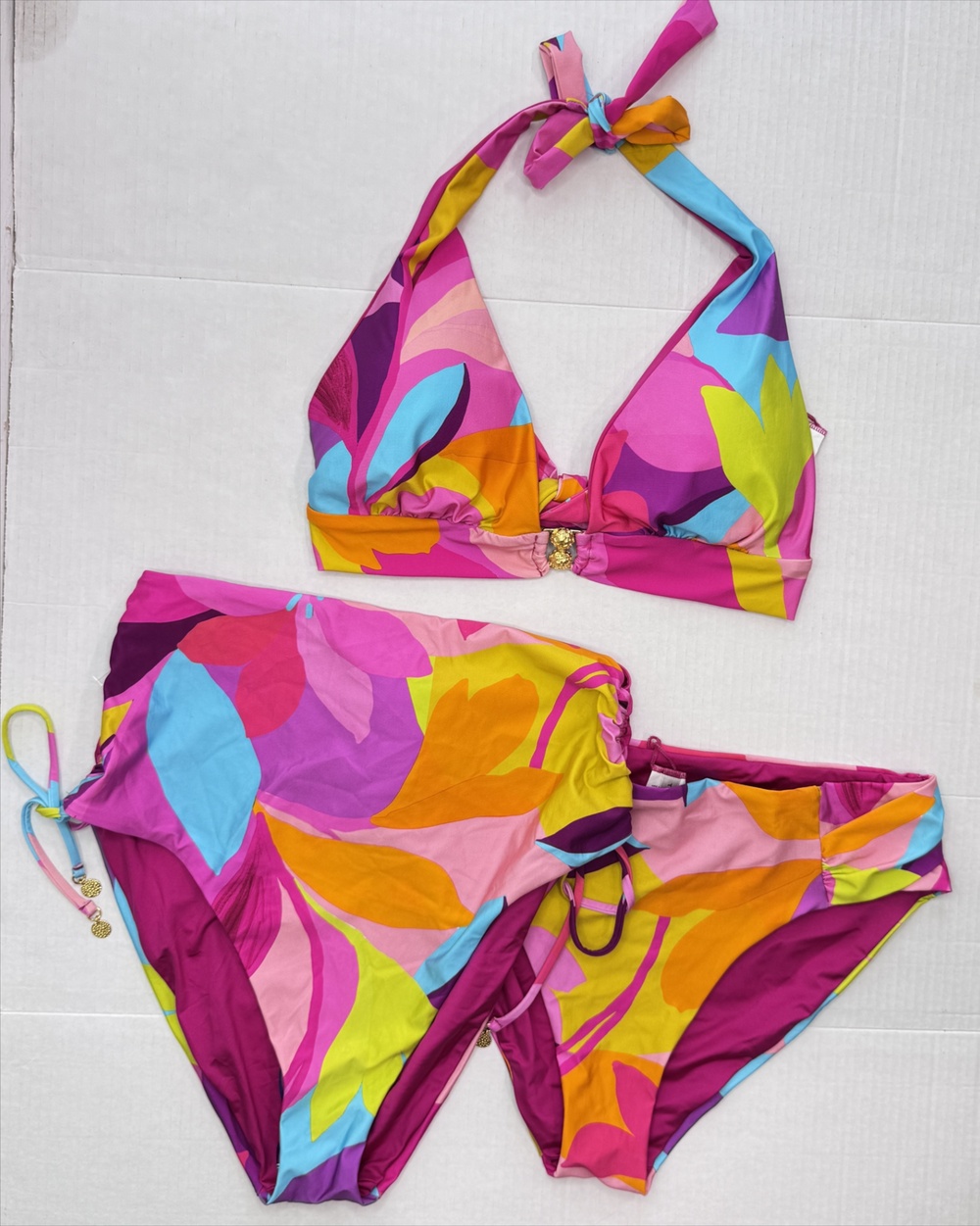 Trina Turk Bikini Set Womens 14 Colorful Triangle Halter 3 Piece Floral Print